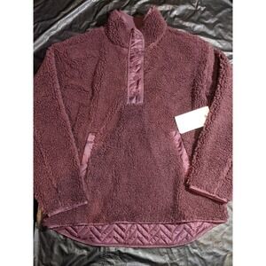 Athleta Cozy Sherpa Snap Sweatshirt Pullover Burgundy Quilted Trim XL